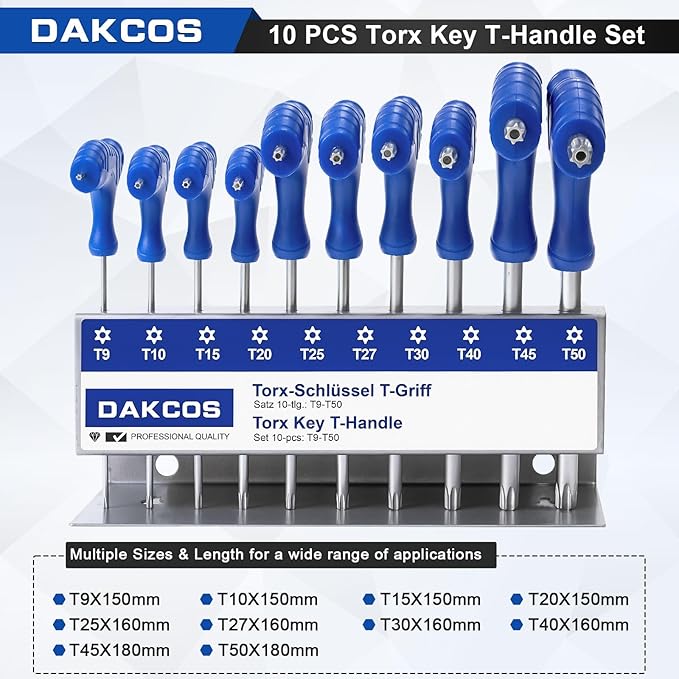 10 Pcs T-Handle Torx Wrench Set, T9-T50 Star Key with Storage Rack, Cr-V