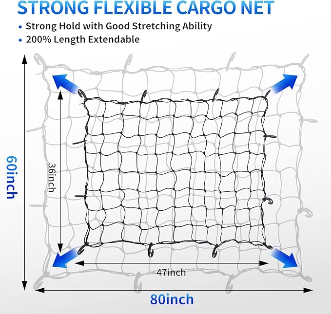 47"x 36" Cargo net Bungee Nets Stretches to 80"x 60",Small Truck Bed Cargo Net for Cars SUVs, for Frontier, Toyota Tacoma Short Bed Cargo Netting, Colorado & Subaru Accessories