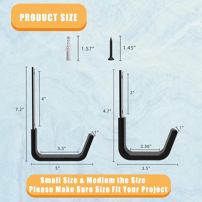 Heavy Duty Utility Hook System - Wall Mounted Garage Hooks for Bikes, Ladders, Tools & More - Black
