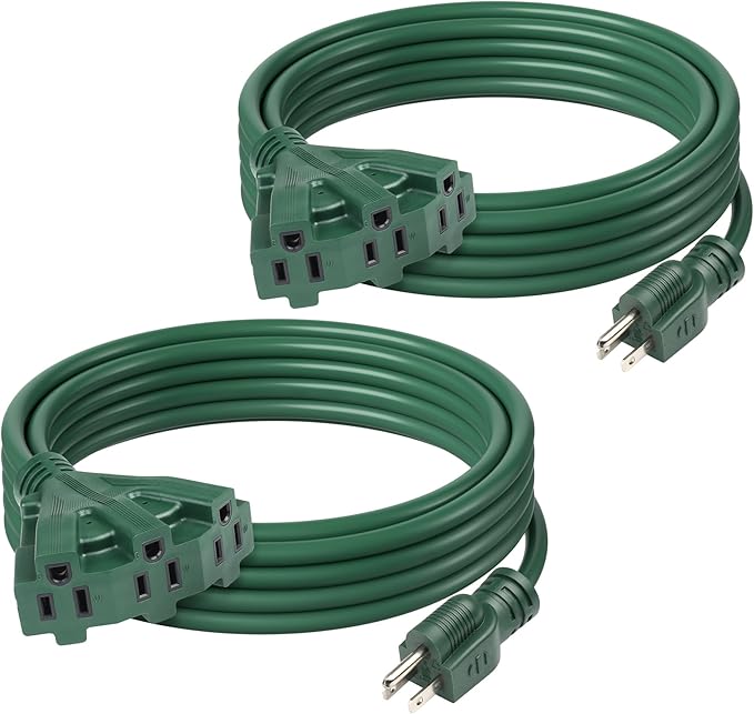 BN-LINK 2-Pack 15Ft Outdoor Extension Cord with 3 Outlets 16/3 SJTW Power Cord, 3-Prong Grounded Plug, for Landscaping & Holiday Decorations, ETL Listed