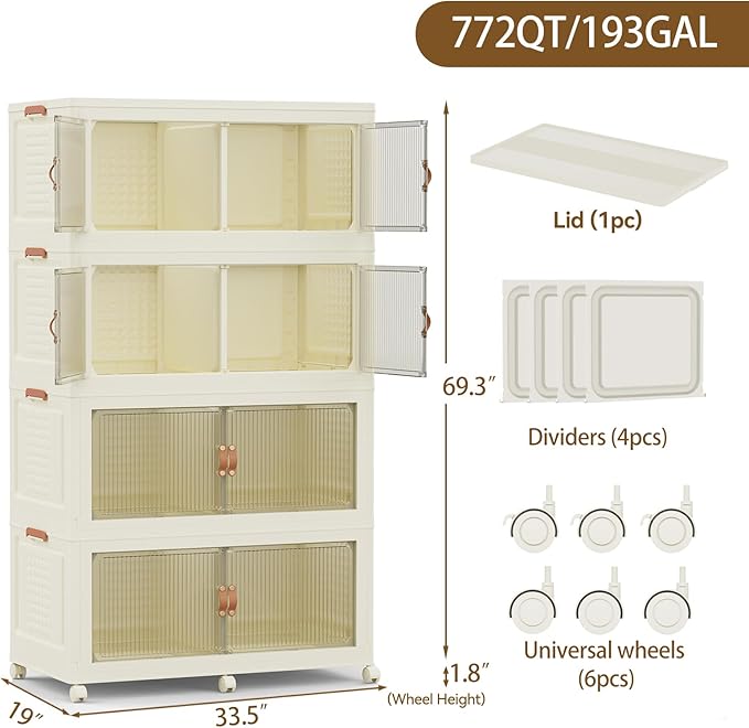 SAILUN 190Gal/760Qt Stackable Storage Bins Folding Collapsible Storage Bins with Lid, Closet Organizers and Storage Box with Door Cream 33.5" W x 19" D x 69" H