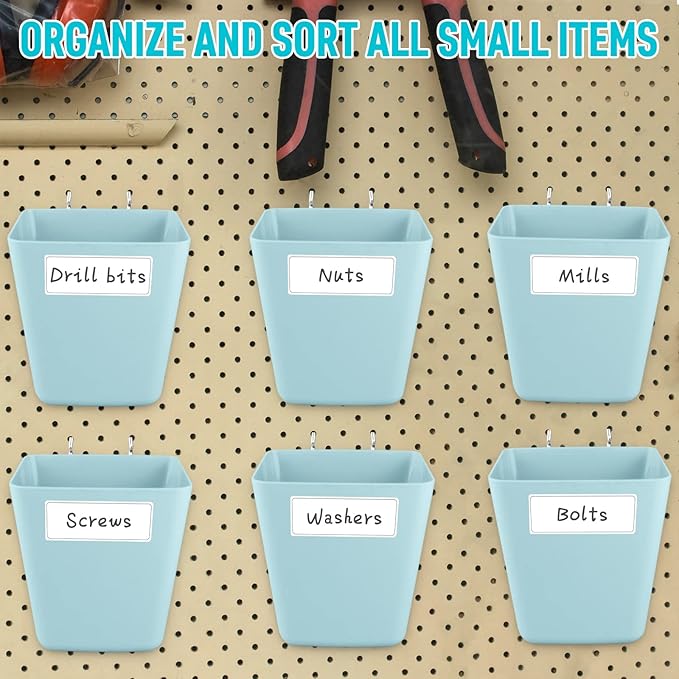 G.CORE Large Pegboard Cups Peg Board Storage Bin 6 Pack with Hooks, Square Box Shape Pegboard Cup Holder Accessories for Garage Workbench/Craft Room/Office/Playroom/Home Kitchen Organization (Blue)