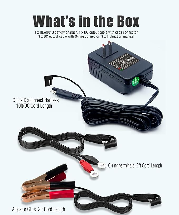 1A Trickle Battery Charger, 6V/12V Fully-Automatic Smart Battery Maintainer for Car, Motorcycle, ATV, Lawn Mower, Boat More