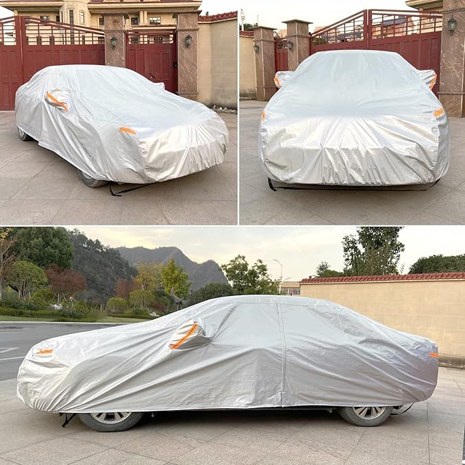 SEAZEN Car Cover 6 Layers, Waterproof Sedan Car Cover with Zipper Door, Snowproof/UV Protection/Windproof, Universal Car Covers Breathable Fabric with Cotton (201" to 209")