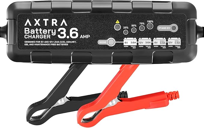 AXTRA 6V and 12V Car Battery Charger, 3.6-Amp Fully-Automatic Smart Battery Maintainer for Car, SUV, Truck, Motorcycle, Boat, RV, Lawn Tractors, ATV - (Lead Acid, AGM, Sealed, Gel, SLA, Flooded)