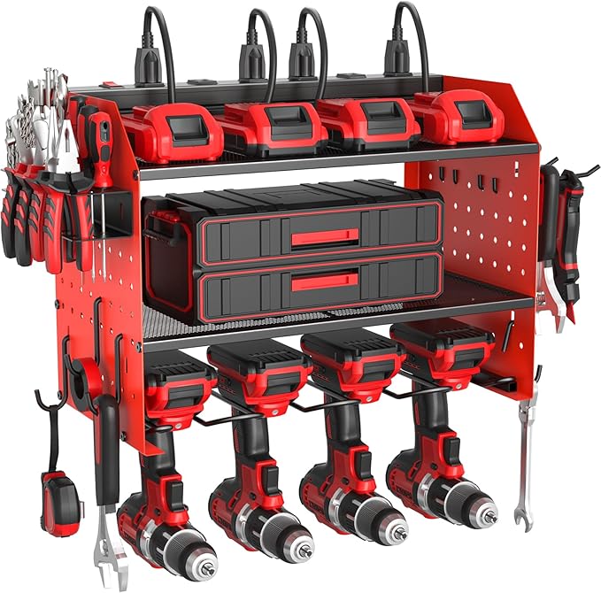 ZESEN Power Tool Organizer with Charging Station, Heavy Duty 3 Layer Drill Holder Wall Mount Garage Shelf Rack with 6 Outlet Power Strip, Tool Shelf with Hooks, Drill Bit Rack for Garage, Red