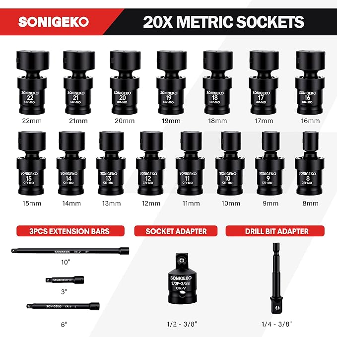 3/8" Drive Impact Swivel Sockets Set, 20 Piece, Metric Drive Impact Universal Joint, 6-Point, with Extension Bars, Socket Adapter, Drill Bit Adapter (Swivel Socket sets, 3/8",20pcs)