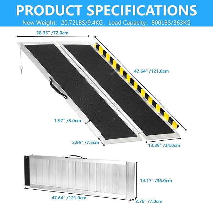 4FT Portable Wheelchair Ramp, Non-Slip Aluminum Folding Handicap Ramp, 800 LBS Capacity Door Threshold Ramps for Home Steps, Scooter Ramps for Car, Doorways, Curbs, Stairs, Cart, Wheel Chair Ramp Step