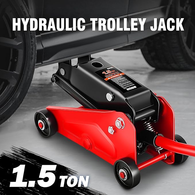 DNA Motoring Low Profile Hydraulic Trolley Service/Floor Jack, 1.5 Ton (3000 lbs) Capacity, Lifting Range 5.5"-15.35",Red, TOOLS-00675-RD