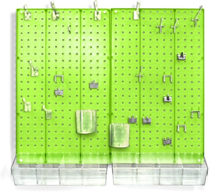 Azar Displays 900945-GRE The DIY Multi-purpose 70-piece Pegboard Wall Organizer Kit with Two Panels and Accessory Assortment, Panel Sizes: 13.5” W x 22” H each, Green