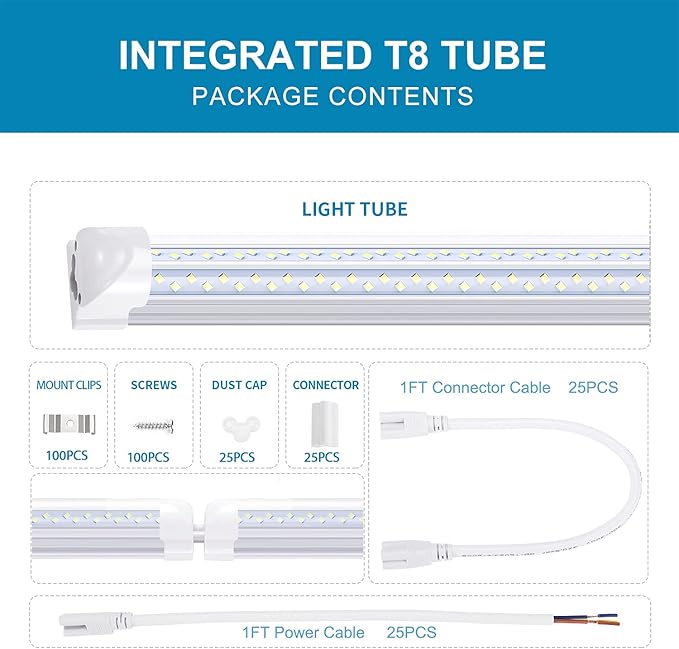 8FT LED Shop Light (25-Pack) - 120W, 14400LM, 6000K Cold White, V-Shape Clear Cover - High Output T8 Linkable Tube Lights, Plug & Play for Garage, Warehouse, Workshop