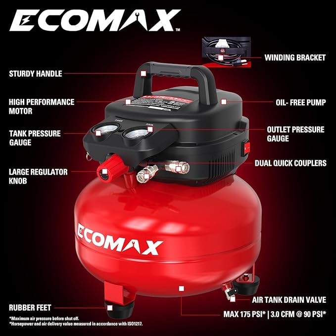 ECOMAX Air Compressor 6 Gallon 1.5HP Pancake Max 175 PSI Portable Oil-Free Tank