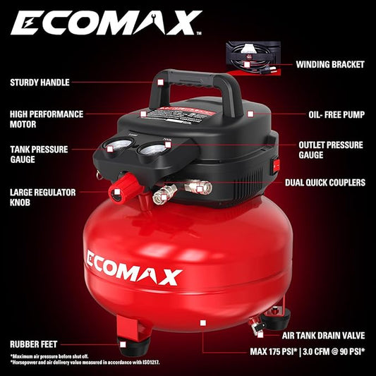 ECOMAX Air Compressor 6 Gallon 1.5HP Pancake Max 175 PSI Portable Oil-Free Tank