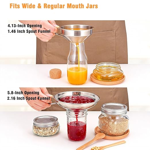 3-Piece Canning Funnel Set with Mesh Strainer - Wide & Regular Mouth Mason Jar Funnels (Large & Small) - for Kitchen, Jam, Spices, Flour & DIY - Stainless Steel
