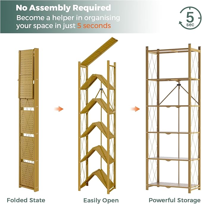 DEANIC 6-Shelf Folding Bookcase with Wheels, Heavy Duty Storage Shelves, Freestanding Metal Wire Shelving Unit for Living Room, Office, Kitchen, Basement, Pantry (Gold)
