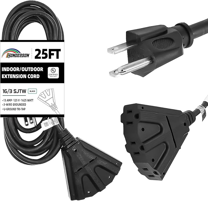 3-Outlets Indoor Outdoor Extension Cord Weatherproof, UL Certified, 16 Gauge 25FT Black 3 Prong Heavy Duty, 16/3 SJTW 13A Power Cord