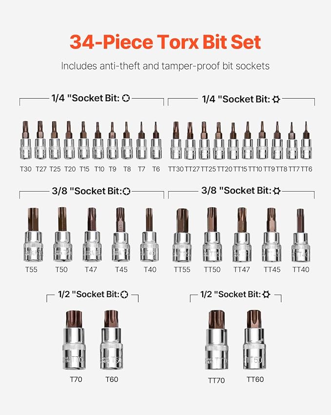 VEVOR Torx Bit Socket Set, 34-Piece Solid Star and Tamper Proof T6-T70, S2 Alloy Steel and Cr-V Steel, 1/4 in, 3/8 in, and 1/2 in Drives, with Enhanced Storage Case, Torx Sockets for Hand Use