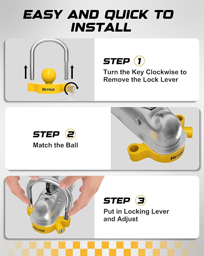 RETRUE Universal Coupler Lock Trailer Locks Ball Hitch Trailer Hitch Lock Adjustable Security Heavy-Duty Steel Fits 1-7/8 Inch, 2 Inch, 2-5/16 Inch Couplers, Bright Yellow, Light Weight