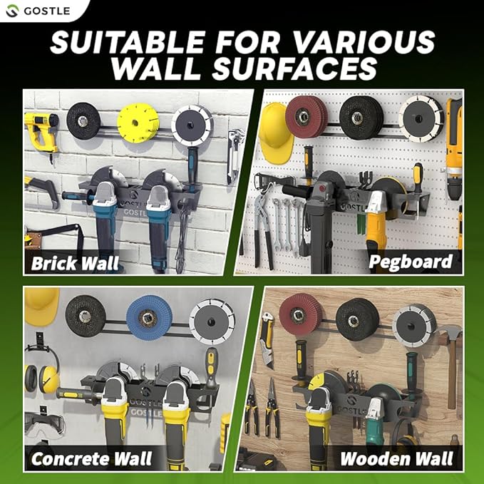 4 Bay Angle Grinder Holder with Discs Hook Rack, Grinders Power Tools Holder Storage Rack, Wall Mount Organizer Bracket for Cutters Polishers with Cord Hanger and Hooks