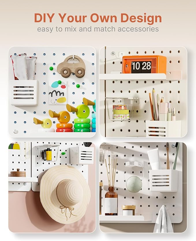 PEGZONE Pegboard Wall Organizer Combination Kit, Overall 25.4"x16.6" Metal Office Pegboard with 13 Accessories, Wall Mounted Peg board Display Panels for Home, Gaming Room, Garage (2Pcs,White)