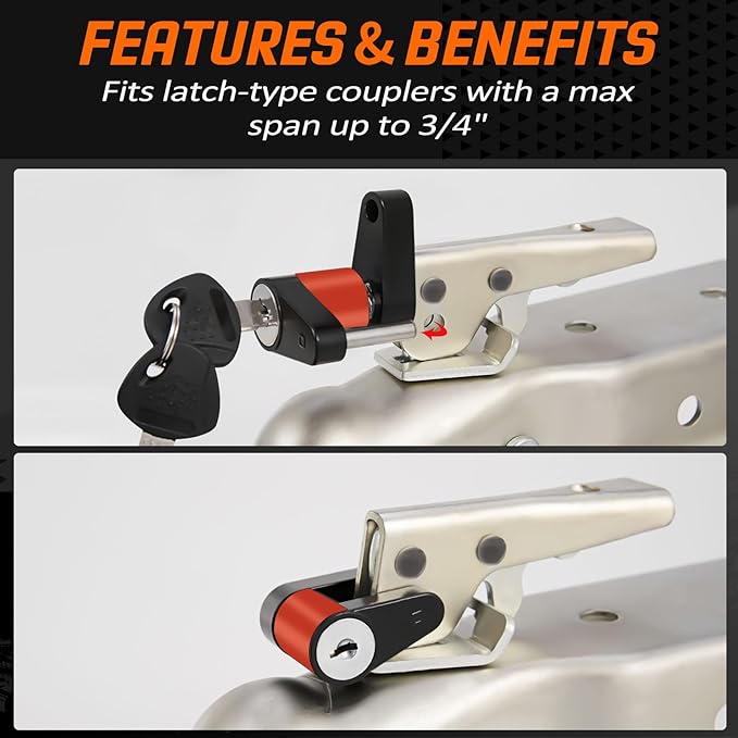 METOWARE Keyed Alike Trailer Lock Set, 5/8" Hitch Pin (3-1/2" Usable Length) for 2 & 2.5" Receivers (Class III IV V) & 1/4" Coupler Lock with Red Rubber Ring, Anti-Theft Towing Security, 4 Keys