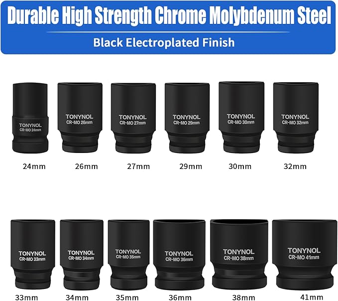 3/4 Inch Drive Deep Impact Socket Set,6-Point,Metric (24mm to 41mm),12 Pcs,Cr-Mo,Heavy Duty Impact Socket Set,With a Storage Case