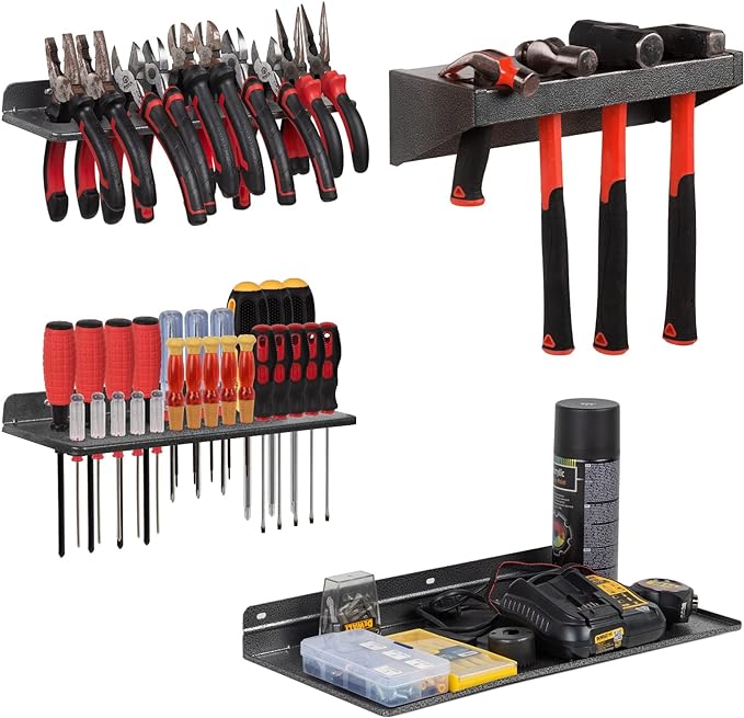 AHOWPD Screwdriver Organizer, Metal Plier Organizer Hammer Rack Screwdriver Holder Hand Tool Organizer and Storage Rack Wall Mount for Garage Workshop Workbench - 4 Pack