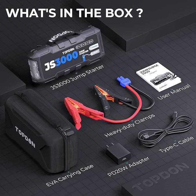 JS3000 12V 3000A Battery Booster Jump Starter Pack for Up to 9L Gas/ 7L Diesel Engines, Portable Car Battery Charger with Handle Jumper Cable and EVA Protection Case