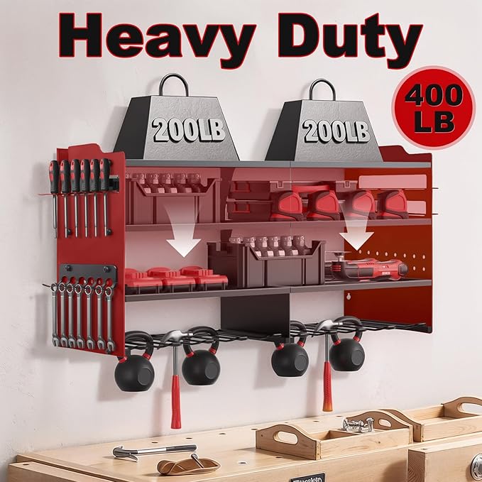 oviitech Large Power Tool Organizer Wall Mount, 8 Drill Holder Wall Mount Loads 400lbs, 4 Layer Heavy Duty Metal Power Tool Storage, Red, Utility Rack for Garage Workshop