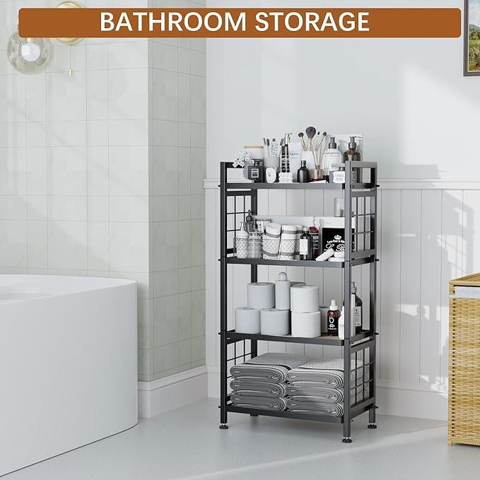 GIOTORENT 4-Tier Pantry Shelves with Wooden Boards, Heavy Duty Storage Shelves & Book Shelf, Adjustable Metal Shelving Unit for Kitchen Bathroom Laundry Organizer, Sturdy Rust-Resistant, Black