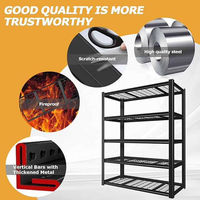 5-Tire Garage Shelving Units Storage Shelves Rack, 72 Inches Height Heavy Duty Adjustable Steel 5000 lbs Metal Shelf for Basement, Garage Organization (Iron Grid Layer, 72" H x 59" W x 24" D)