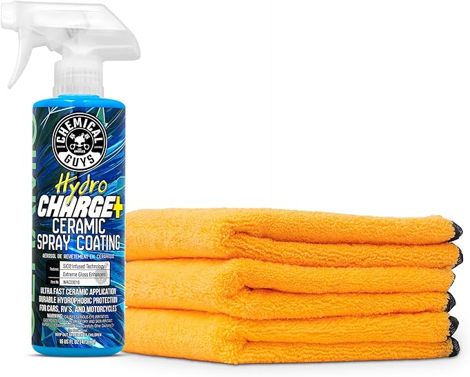 HydroCharge Ceramic Spray Coating - The Ultimate Nano Ceramic Spray Protectionwith Chemical Guys MIC_506_03 Professional Grade Premium Microfiber Towels, Gold 16" x 16", Pack of 3