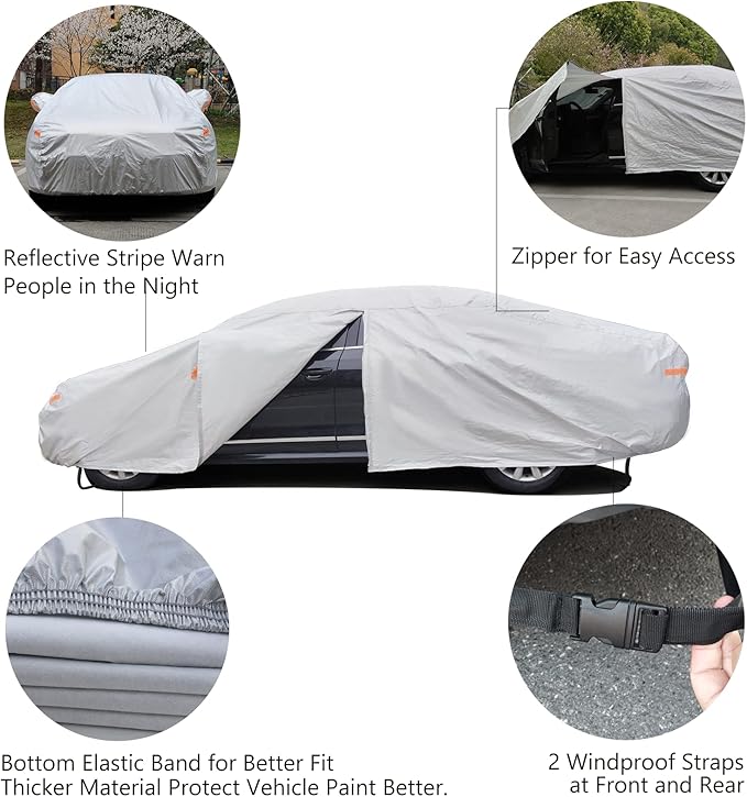 SEAZEN Car Cover 6 Layers, Waterproof Sedan Car Cover with Zipper Door, Snowproof/UV Protection/Windproof, Universal Car Covers Breathable Fabric with Cotton (201" to 209")