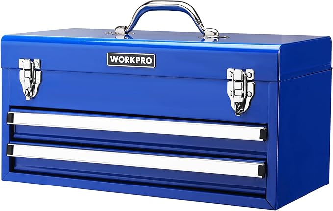 WORKPRO Tool Box with Drawers, 18 Inch with 2 Drawers and 1 Top Storage, Portable Toolbox with Metal Latch and Liner for Garage, Office and Home Storage, 100 LBS Load Capacity (Totally)