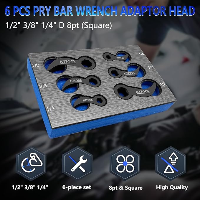 6 Pcs Pry Bar Wrench Adaptor Head Set, Crowbar Adapter Head Tool, Half Shaft Removal Car Repairing Tools 1/2" 3/8" 1/4" D 8pt (Square) Profile