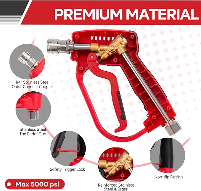 Short Pressure Washer Gun 5000PSI，High Pressure Washer Gun with 5 Spray Nozzle Tips, 3/8" Quick Connect Plug and M22-14/15mm Fittings, Power Washer Gun Compatible with Foam Cannon，12 GPM