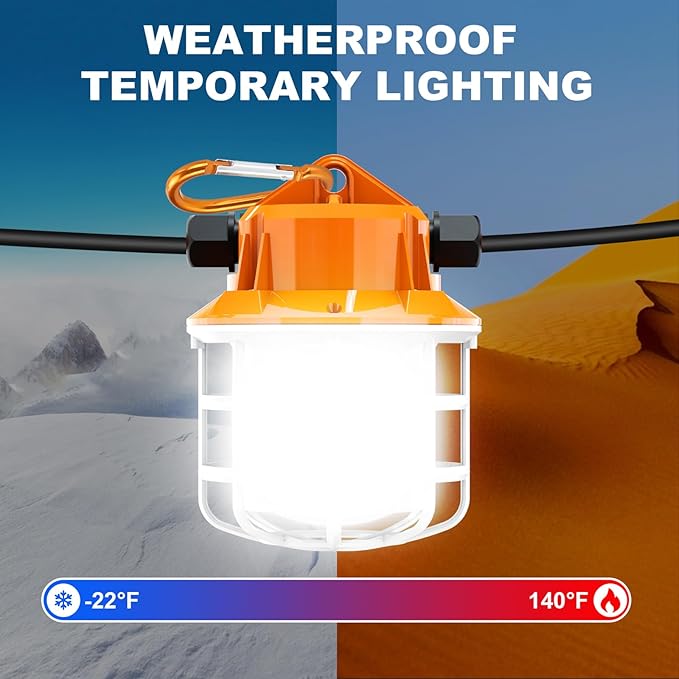NS 50FT Construction String Lights LED Industrial Grade Super Bright 5000K IP65 Linkable for Construction Sites, Temporary Work, Renovation, Jobsite, All Outdoor Lighting, with 5 Bulbs and Hook