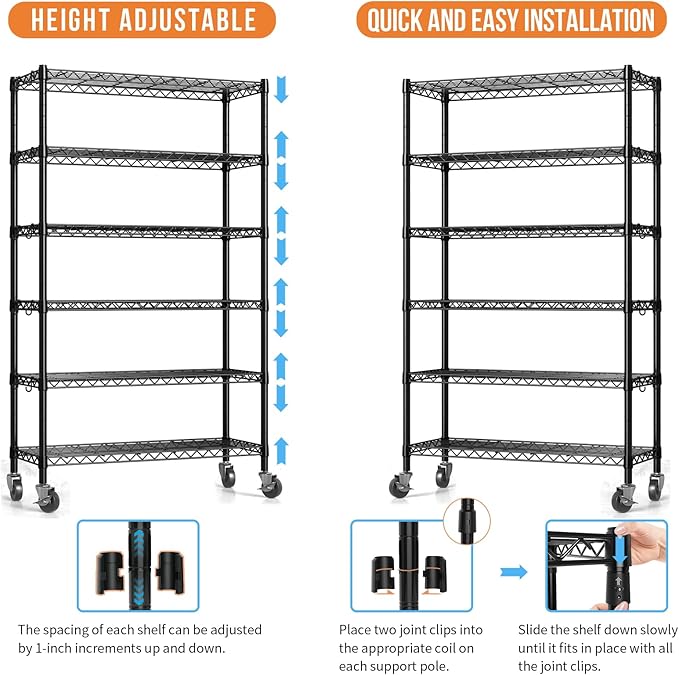 Hodonas 2300LBS Wire Shelving Unit, 36"W x 14"D x 75"H Metal Standing Shelf Units with Wheels / Leveling Feet, 6 Tier, Adjustable, Heavy Duty, and NSF Storage Shelves, Rolling Metal Shelving Wire Rack
