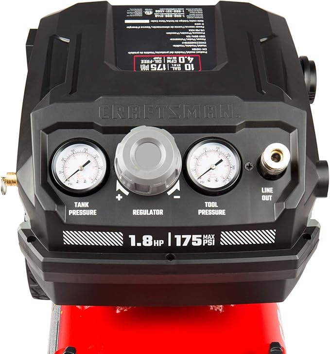 Craftsman 10-Gallon Air Compressor, 1.8 HP, Max 175 PSI, 4.0 CFM @ 90PSI, 5.0 CFM@40PSI, Oil-Free, Quiet Shop Air Compressor with Wheels for Spraying Pneumatic Tool, Model: CMXECXA0201041