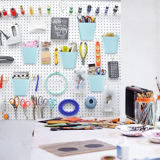 G.CORE Large Pegboard Cups Peg Board Storage Bin 6 Pack with Hooks, Square Box Shape Pegboard Cup Holder Accessories for Garage Workbench/Craft Room/Office/Playroom/Home Kitchen Organization (Blue)