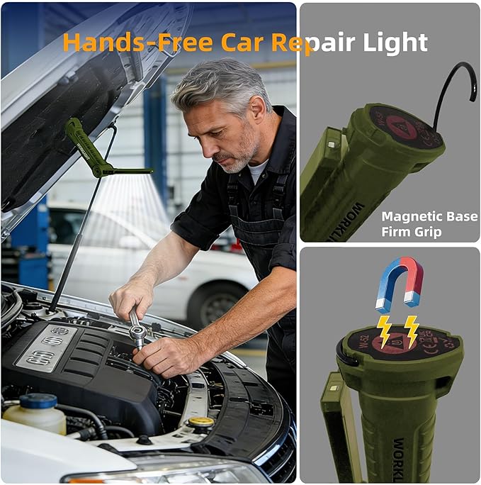 LED Work Light Rechargeable Flashlight, Tool Gifts for Fathers Day Dad Hubby Men Him Husband Mechanic Torch Grill Light Inspection Lamp Magnetic Base 5 Modes 360° Rotate Car Emergency Repair Green