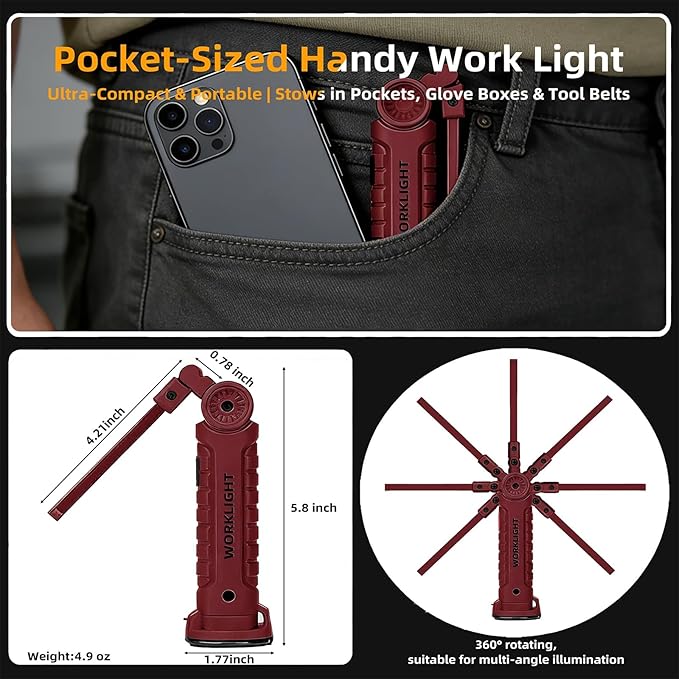 Rechargeable Work Light for Mechanics, Tool Fathers Day Dad Gifts for Men Him Husband Birthday Torch Grill Light Inspection Lamp with Magnetic Base Hook, 5 Modes 360° Rotate Car Repair 4 Pack