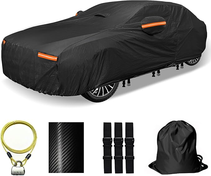 Heavy Duty Car Cover for Automobiles All Weather Waterproof, Outdoor Snowproof UV Protection Windproof, Door Zipper, Soft Cotton Universal Car Covers (Black, Fit Sedans 181"-190")