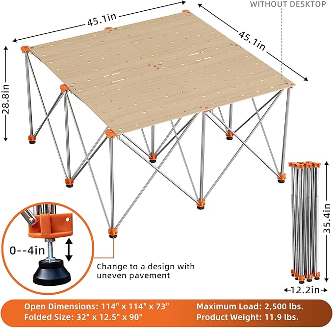 4'x4' Heavy Duty Portable Folding Workstand - 3,500 lbs Capacity Collapsible Workbench with Thickened Legs, Round Steel X-Braces & 4" Adjustable Leveling Feet - Instant Setup for Jobsite & Garage