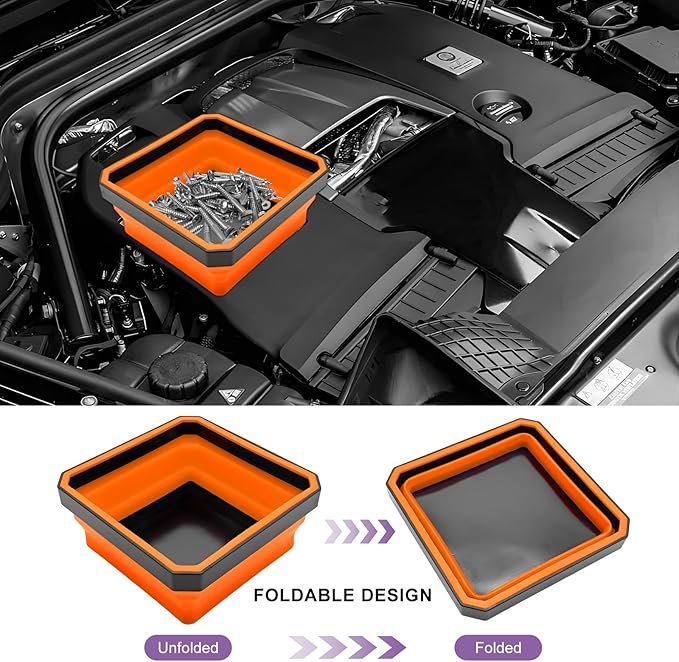 Collapsible Magnetic Parts Tray, 4.5" Square Silicone Metal Parts Organizer Double-Sided Magnet Bowl, Foldable Magnetic Tool Trays for Screws Bolts Nuts Washers Pins (Orange)