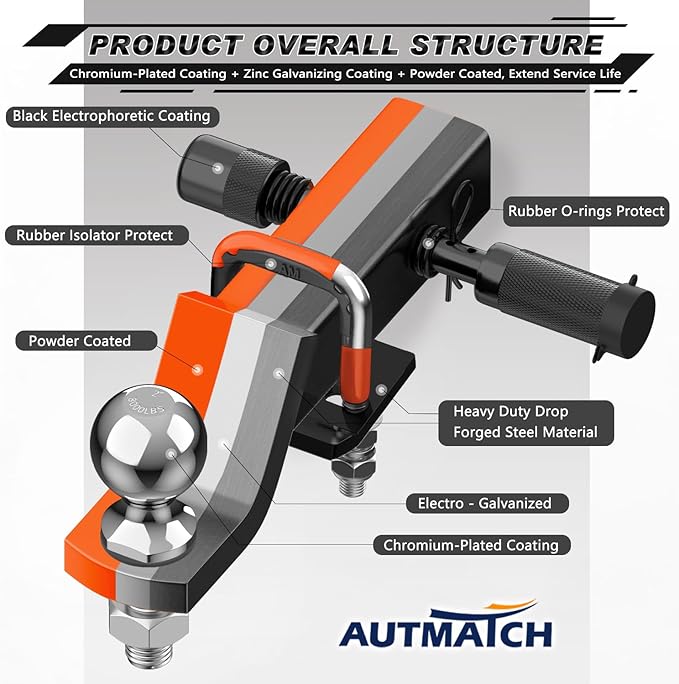 AUTMATCH Trailer Hitch Ball Mount with 2 Inch Hitch Ball - Fits 2" Receiver with Hitch Tightener, 8000Lbs Capacity Ball Hitch, 2-Inch Drop with 5/8" Hitch Lock Pin, Orange
