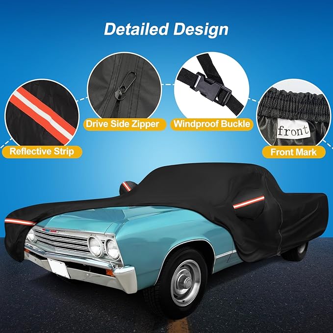 QUNSUNUS Car Cover for Chevrolet El Camino 1964-1967 and 1978-1987, Outdoor Waterproof Car Cover with Zipper, All Weather El Camino Car Covers with Wind, Sun, UV and Dust Protection