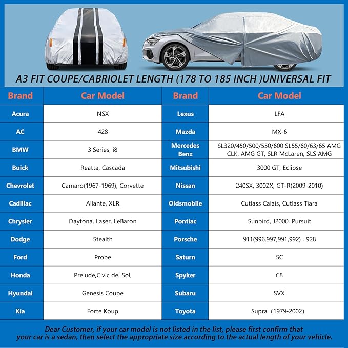 10-Layer Waterproof Sports/Coupe/Cabriolet Car Cover. All Weather Full Outdoor Covers. Porsche 911, Chevy Corvette Camaro, NSX Etc.Size A3 (Length 178 to 185 inch)