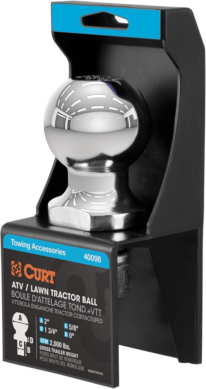 CURT 40098 Chrome ATV, UTV, Lawn Tractor Hitch Ball, 2,000 lbs, 2-Inch Diameter, 5/8 x 1-3/4-Inch Shank