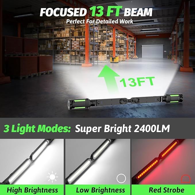 Rechargeable Mechanic Light, 2-in-1 Magnetic Light Bar with Motion Sensor, 2400LM Underhood Work Lights for Mechanics, for Automotive Repair, Inspection, Garage, Emergency